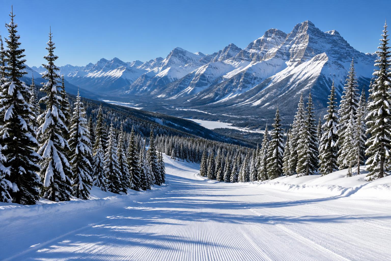 Groomed ski run beneath the snowy peaks of the Canadian Rockies